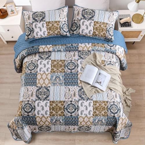 Boho Quilt Set Size Patchwork Plaid Bedspread Bedding Sets Paisley Queen Blue