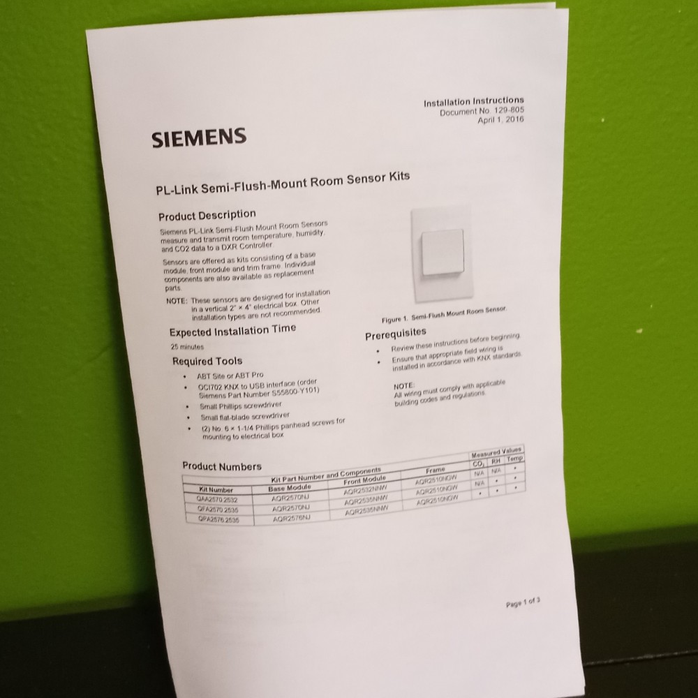 Siemens QAA2570.2532 Semi-Flush Mount PL-Link Temperature Sensor
