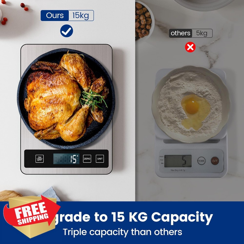 Digital Kitchen Scale 33lb USB Rechargeable Stainless Steel