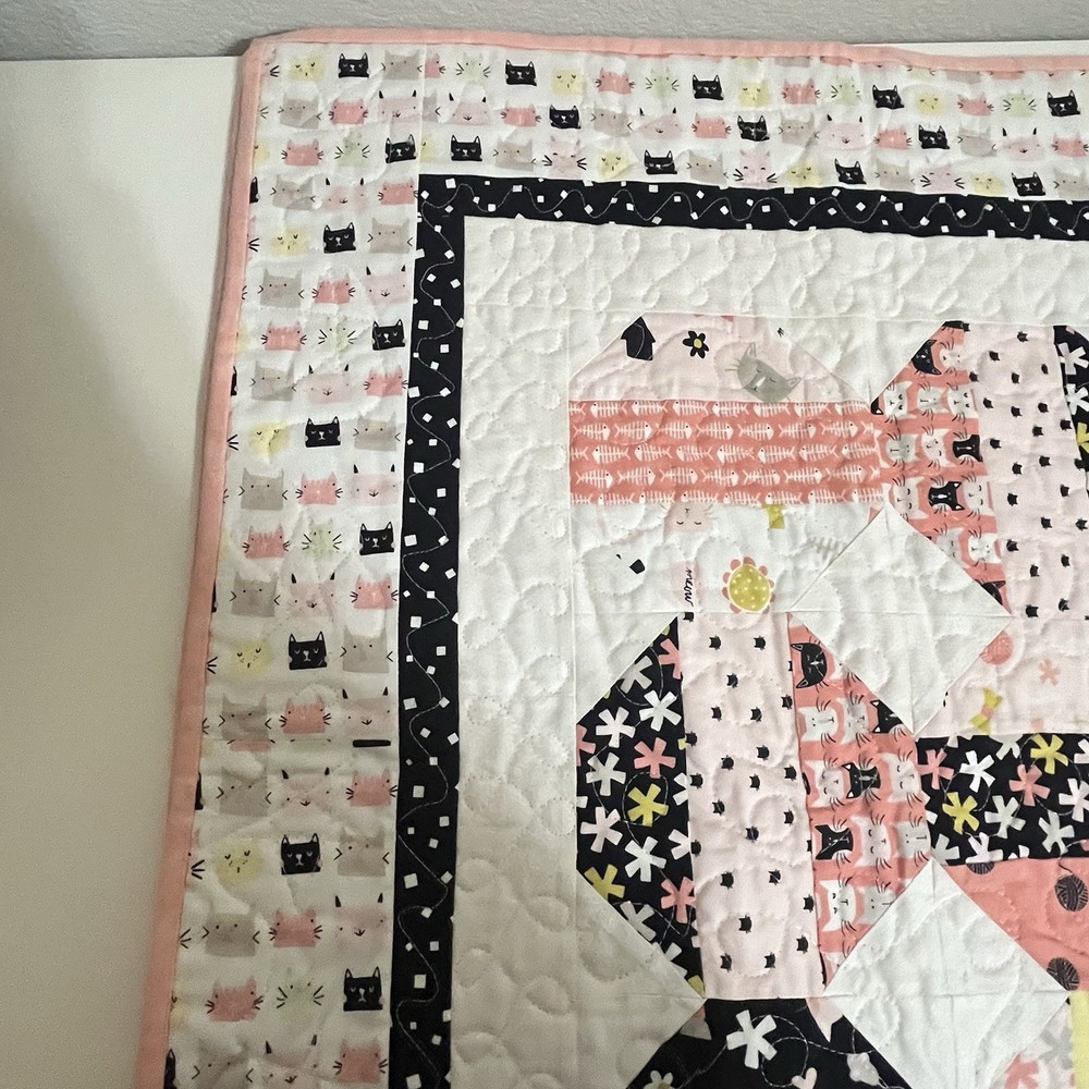 Handmade Cats and Camper Trailers Patchwork Quilt Blanket Pink