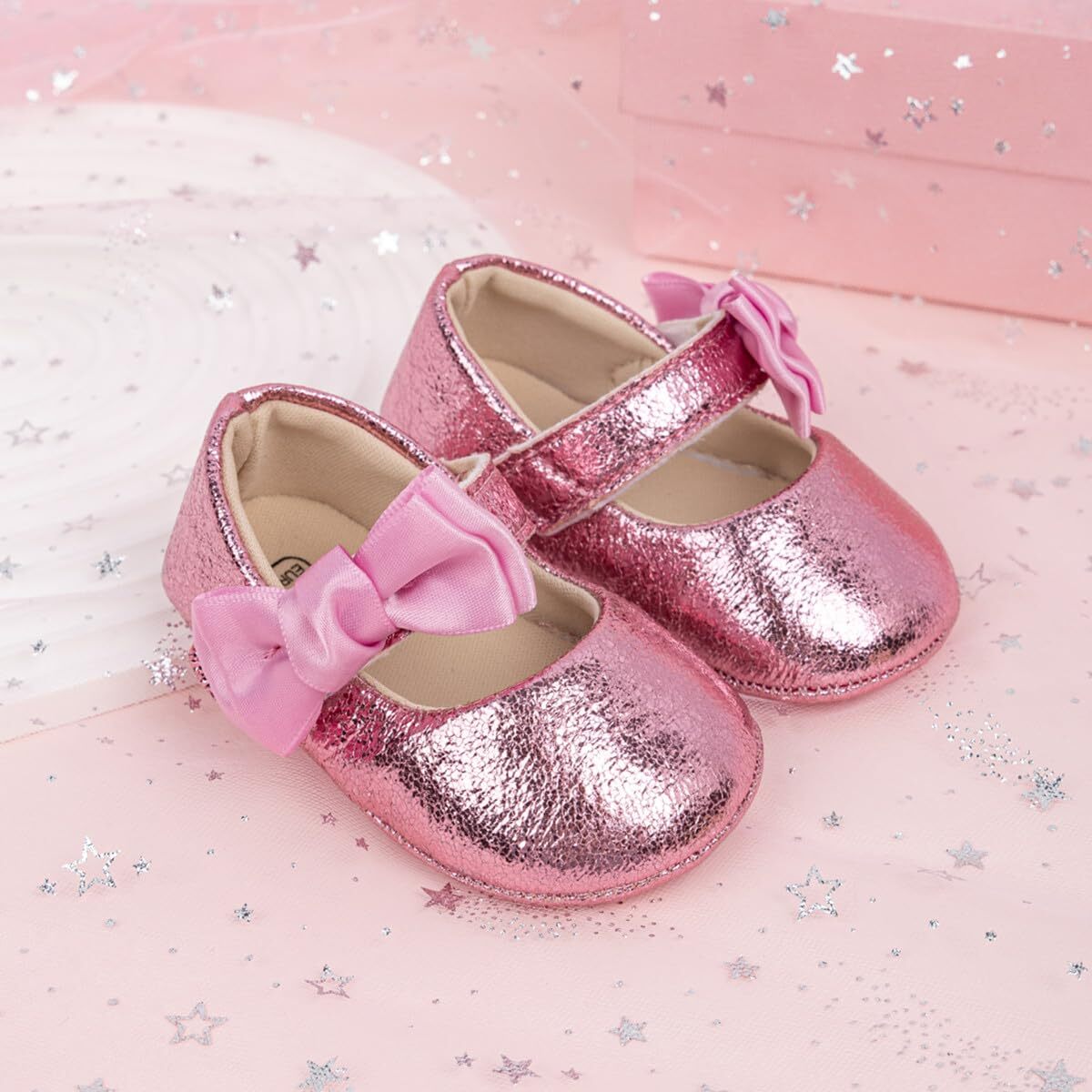 Baby Girls Mary Jane Flats Non-Slip Bowknot Crib Shoes (HM5313 Gold,12)