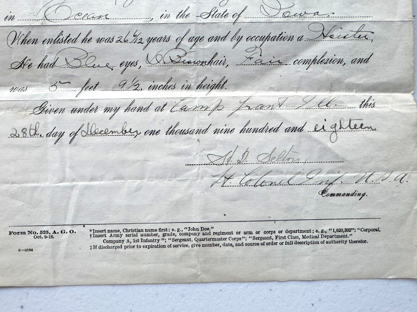 1918 WWI HONORBLE DISCHARGE PAPERS FROM THE UNITED STATES ARMY PRIVATE MALEY