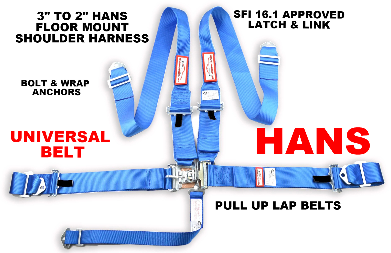 BLUE FLOOR MOUNT RACE HARNESS 5 POINT PULL UP LAP BELTS HANS DEVICE BELT