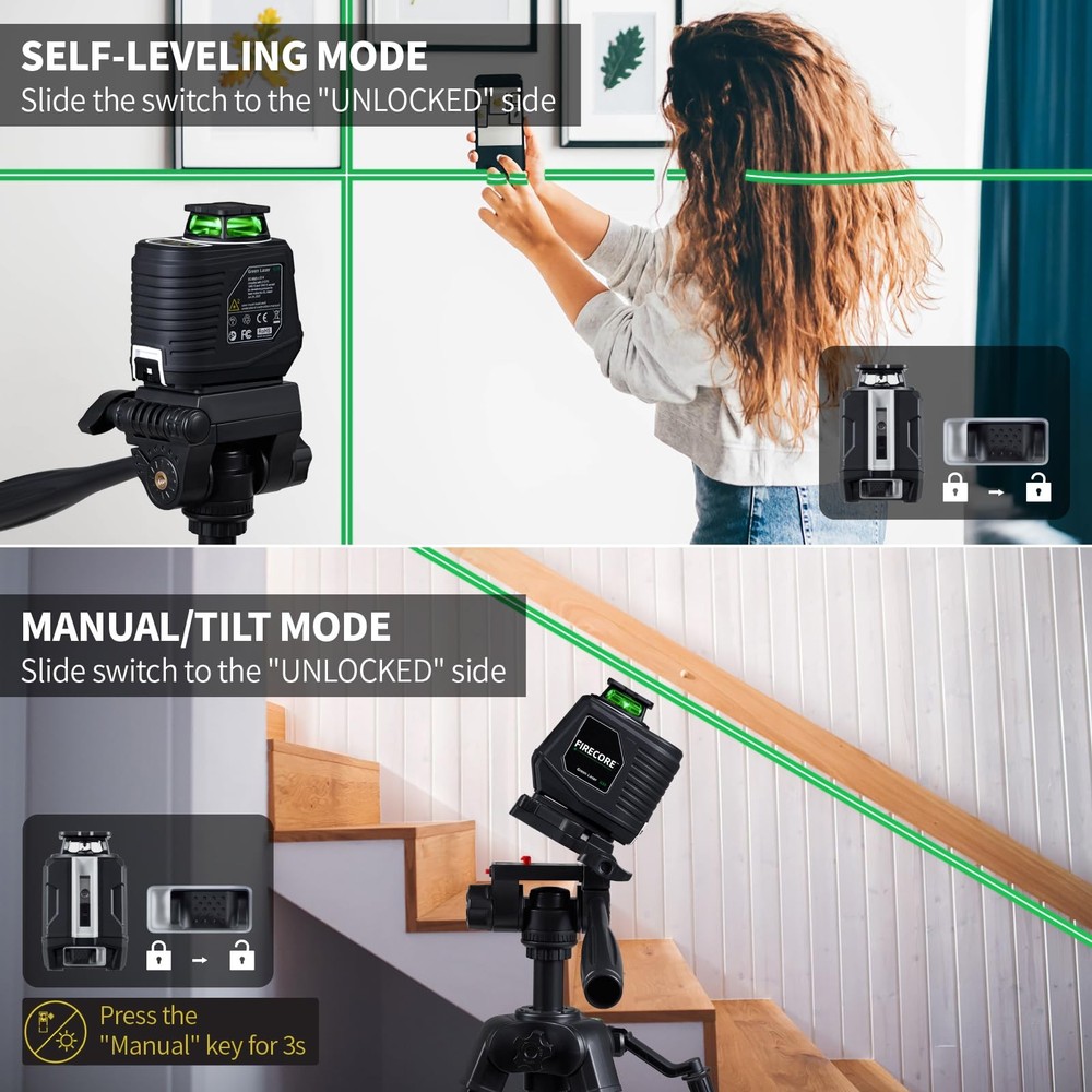 Firecore 360° Laser Level with Tripod, 100Ft Self Leveling ‎green Beam