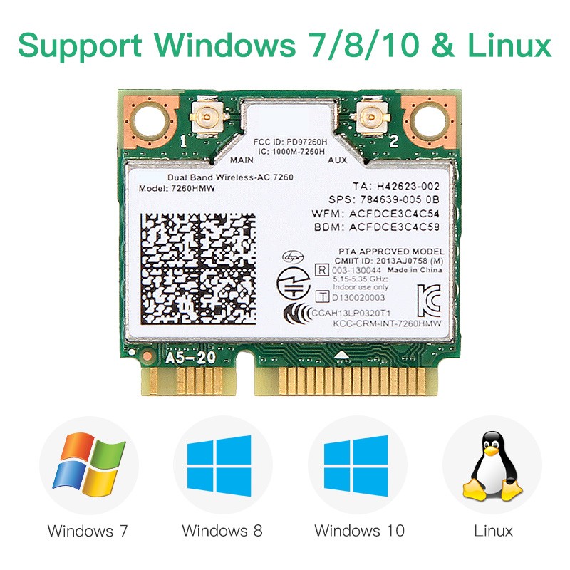 Intel 7260HMW Dual-Band Wireless-AC Card, 802.11ac WiFi + Bluetooth 4.0 for PC
