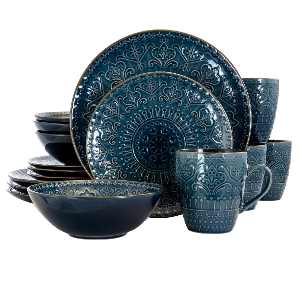 Elama Deep Sea Mozaic 16 Pc Mandala Pattern Complete Stoneware Dinnerware Set 4