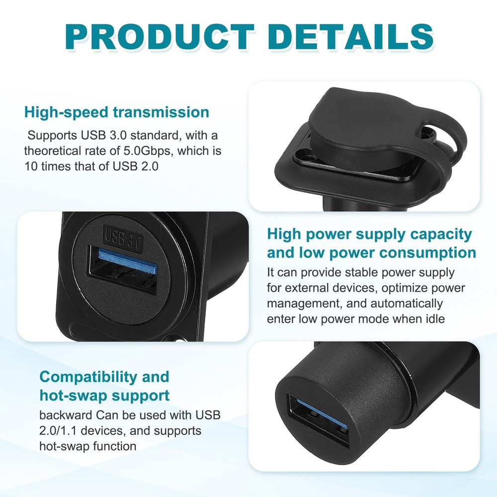 2Pcs USB 3.0 Panel Mount Coupler, D-Type USB Pass Through 5.0Gbps Black