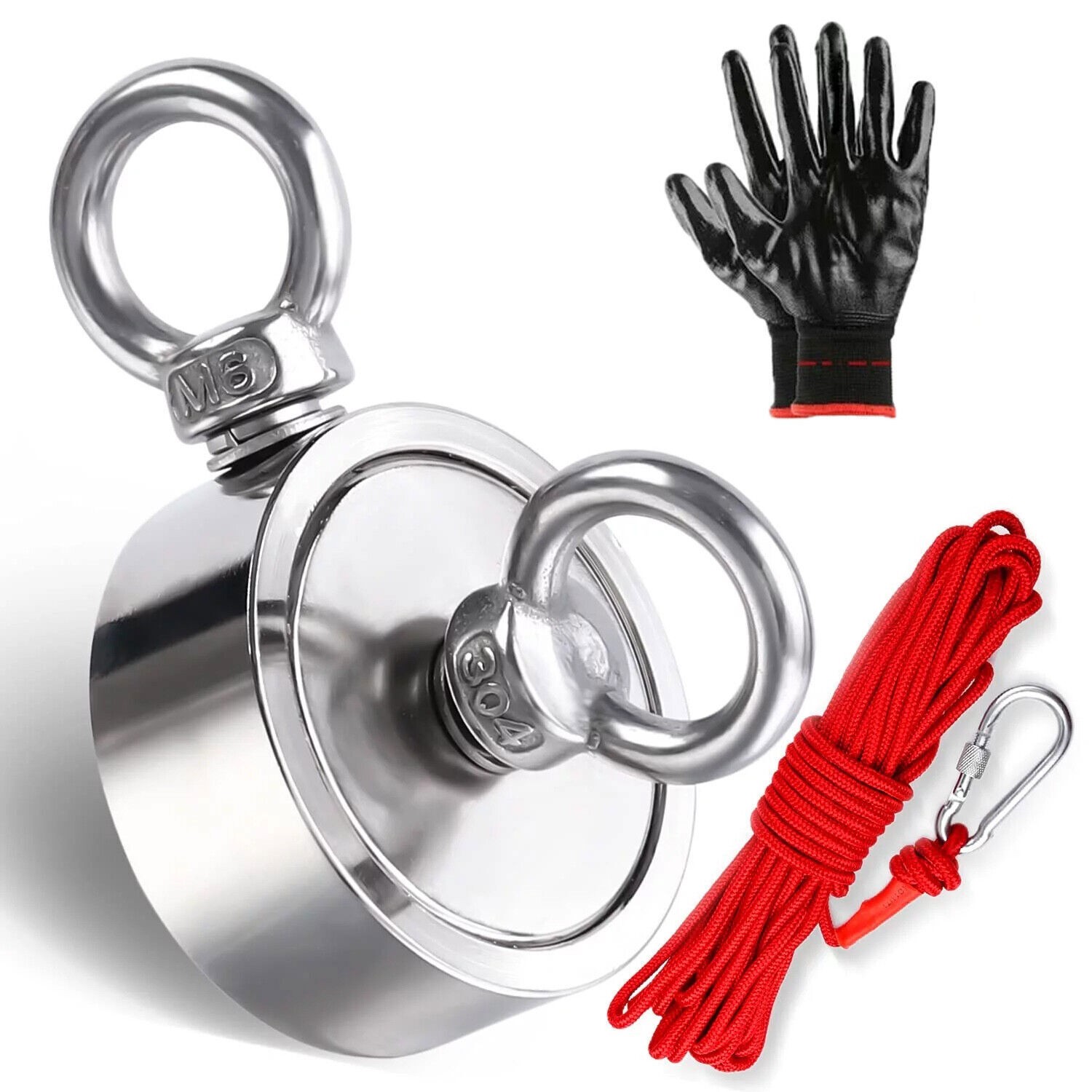 2000 LBS Strong Fishing Magnet Kit Double-Sided Pull Force and Rope Carabiner
