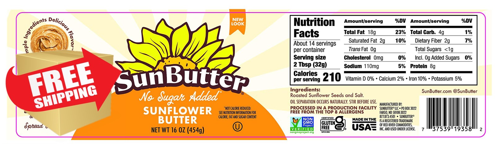 SunButter No Sugar Added Sunflower Seed Butter 6x16oz Nut Free