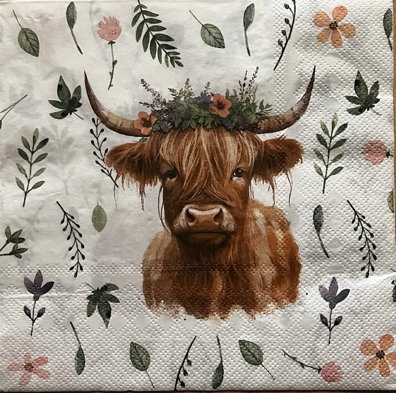 TWO Paper LUNCHEON Decoupage Craft Napkins Highland COW W/pine Cones/flowers