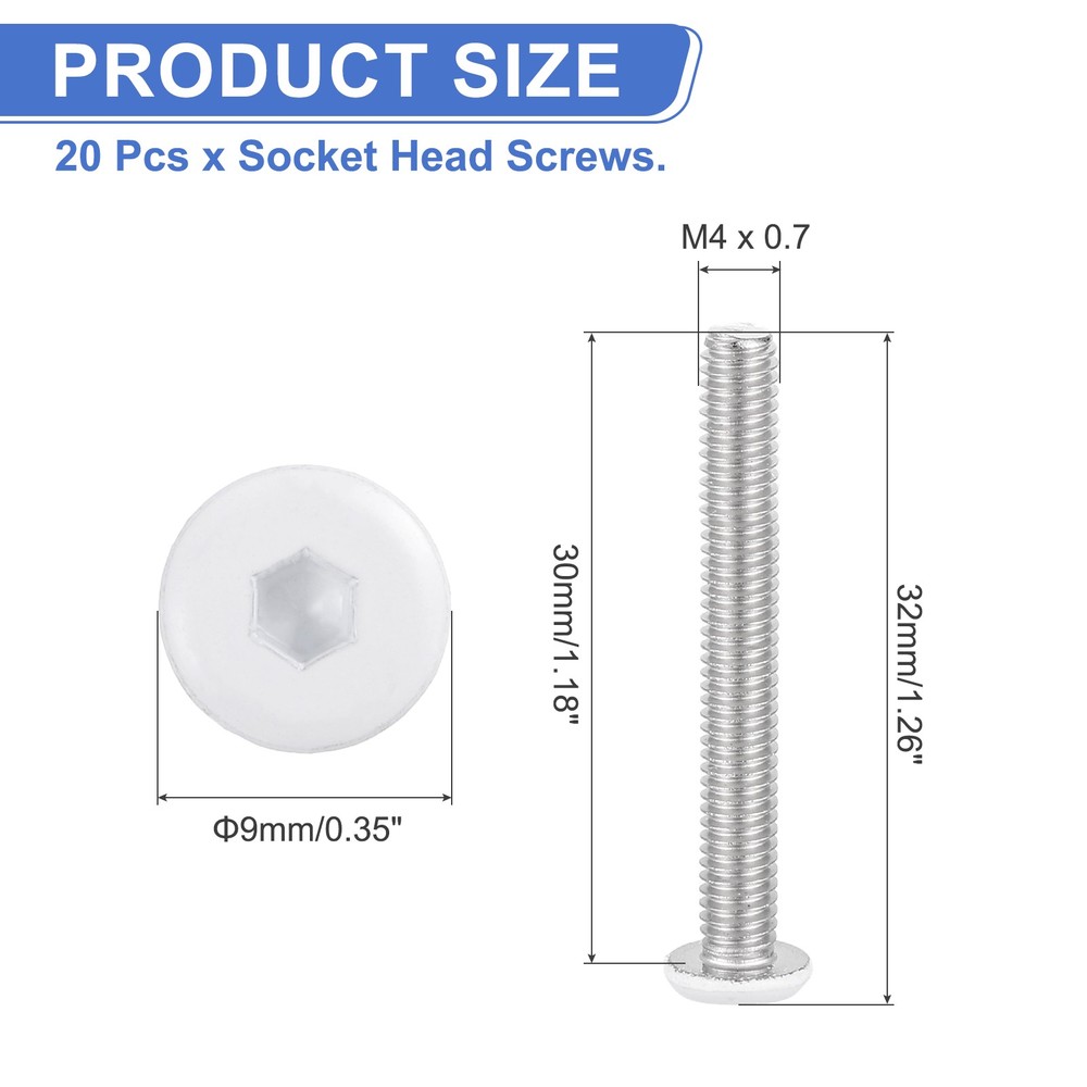 20 Pcs M4-0.7 x 30mm Button Head Hex Socket Head Screws, White
