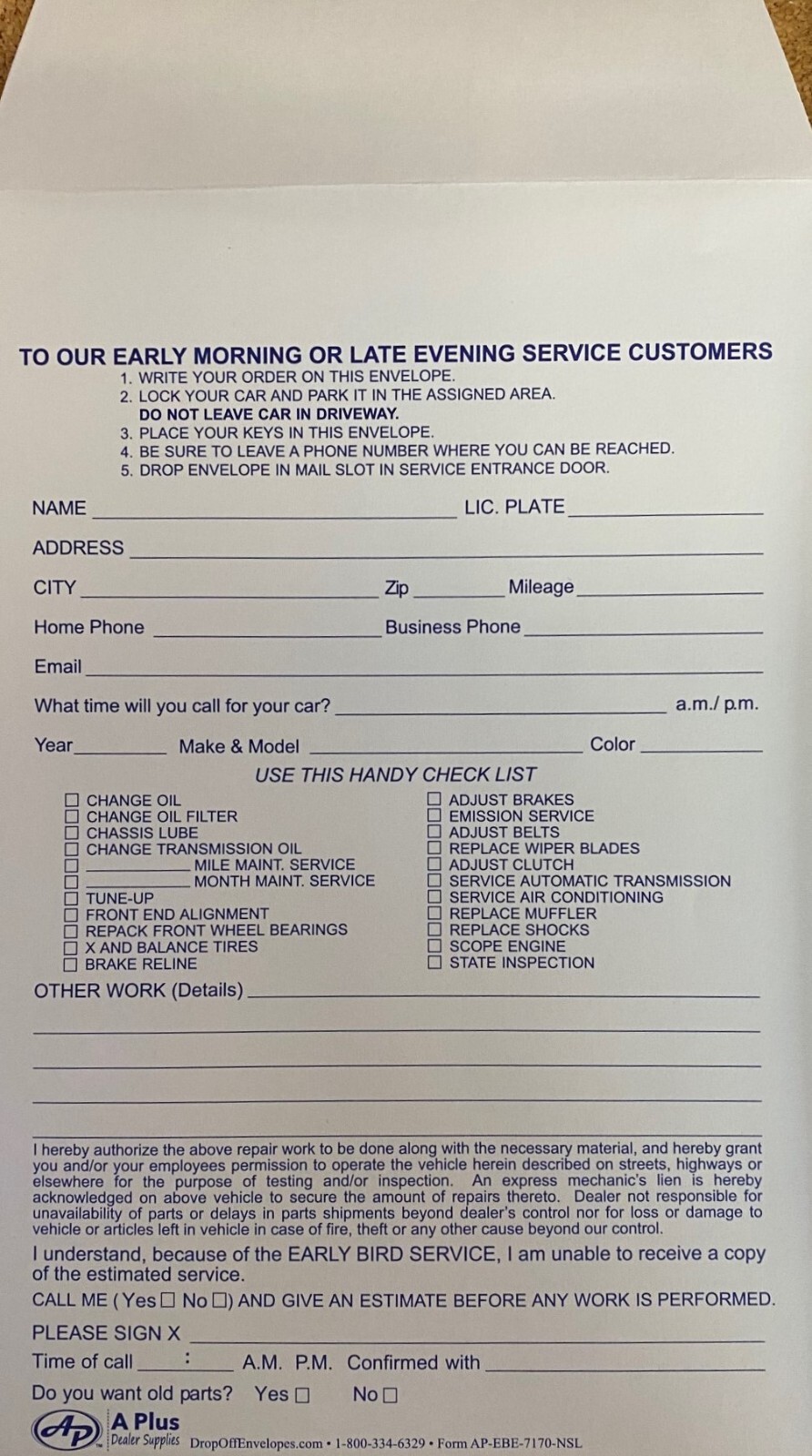 Night Drop Envelopes for Auto Service • EBE-7170-NSL • Qty 500 • (T6)