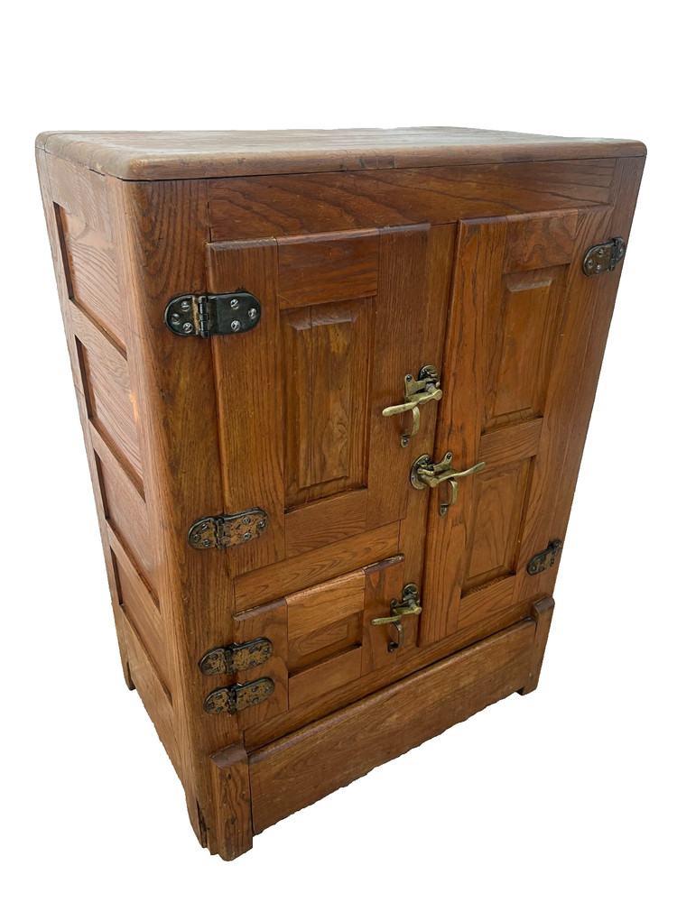 Antique Ice Box Three storage cabinets, Oak, Brass latches, Three Racks, 1920's