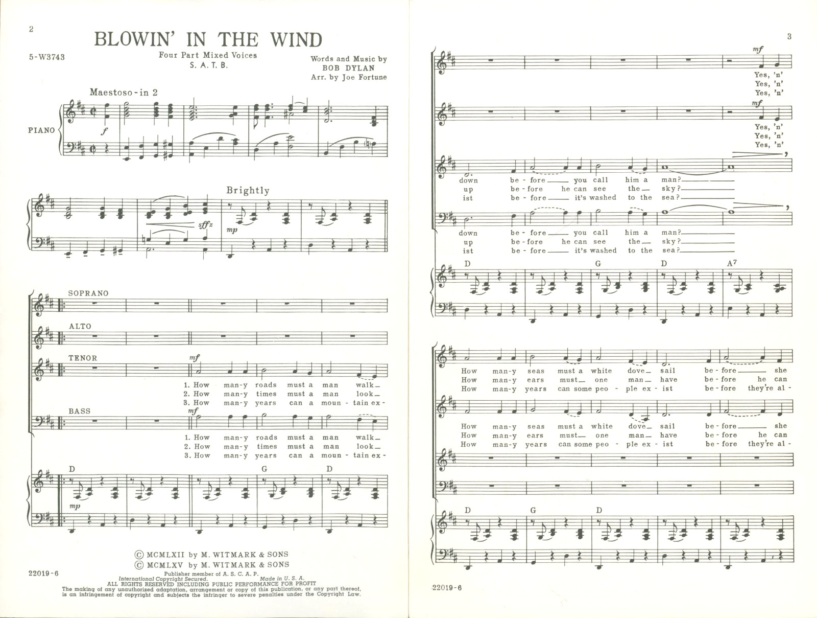 Blowin' In The Wind Sheet Music SATB Chorus Piano 1962 Bob Dylan Joe Fortune