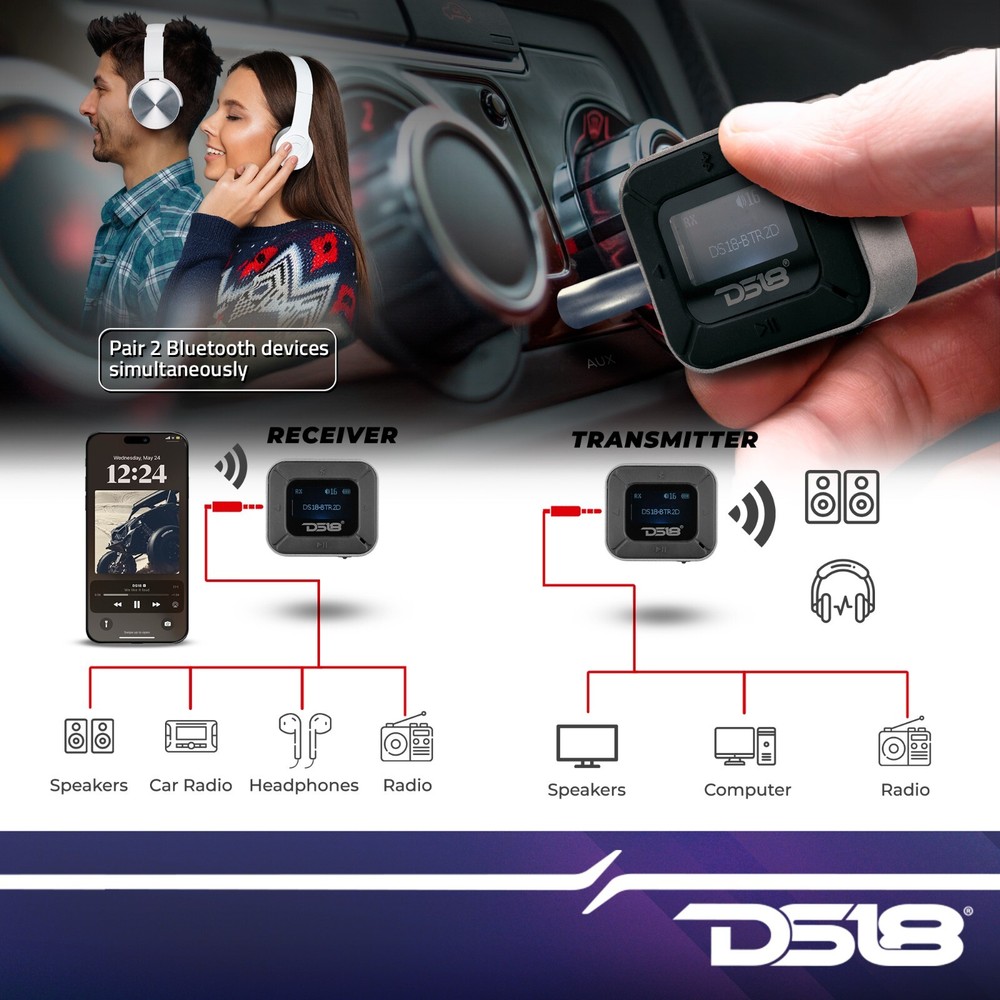 DS18 2-in-1 Wireless Bluetooth 5.0 Adapter Transmitter Receiver with LCD Screen