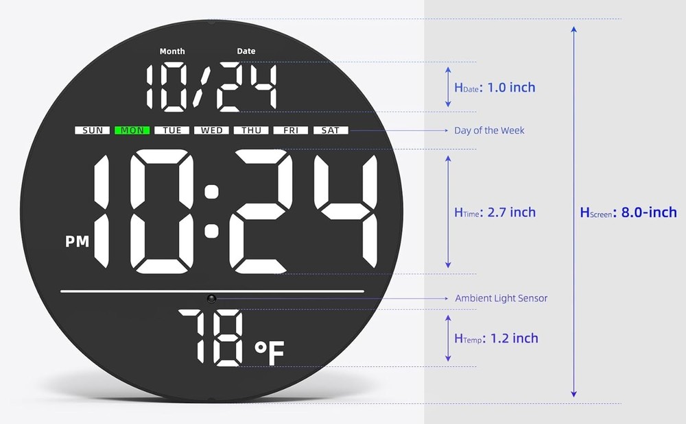 Digital LED Wall Clock w/ Large Display, Date, Temp, Auto-Brightness - 80 Charac