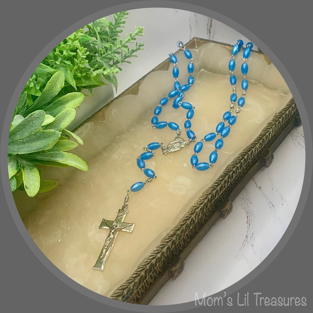 Pearly Blue Plastic Beaded Rosary 31” Catholic Christianity