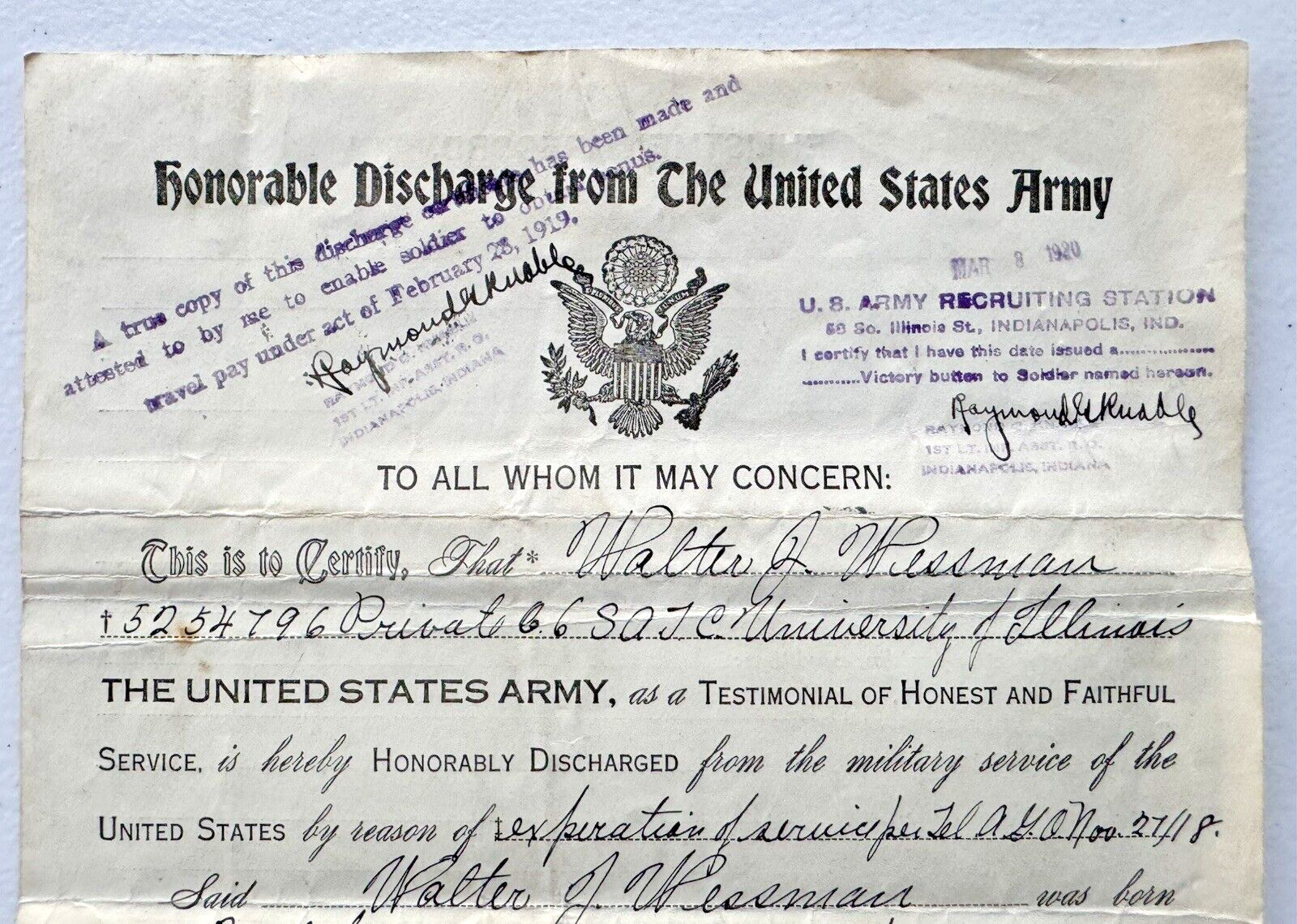 1918 WWI HONORBLE DISCHARGE PAPERS FROM THE UNITED STATES ARMY PRIVATE WESSMAN