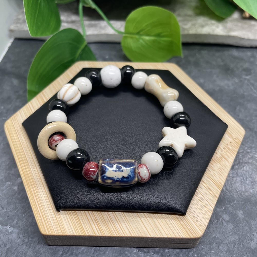 Handmade Ceramic Bead Beaded Stackable 6” Plus Stretch Bracelet New B403