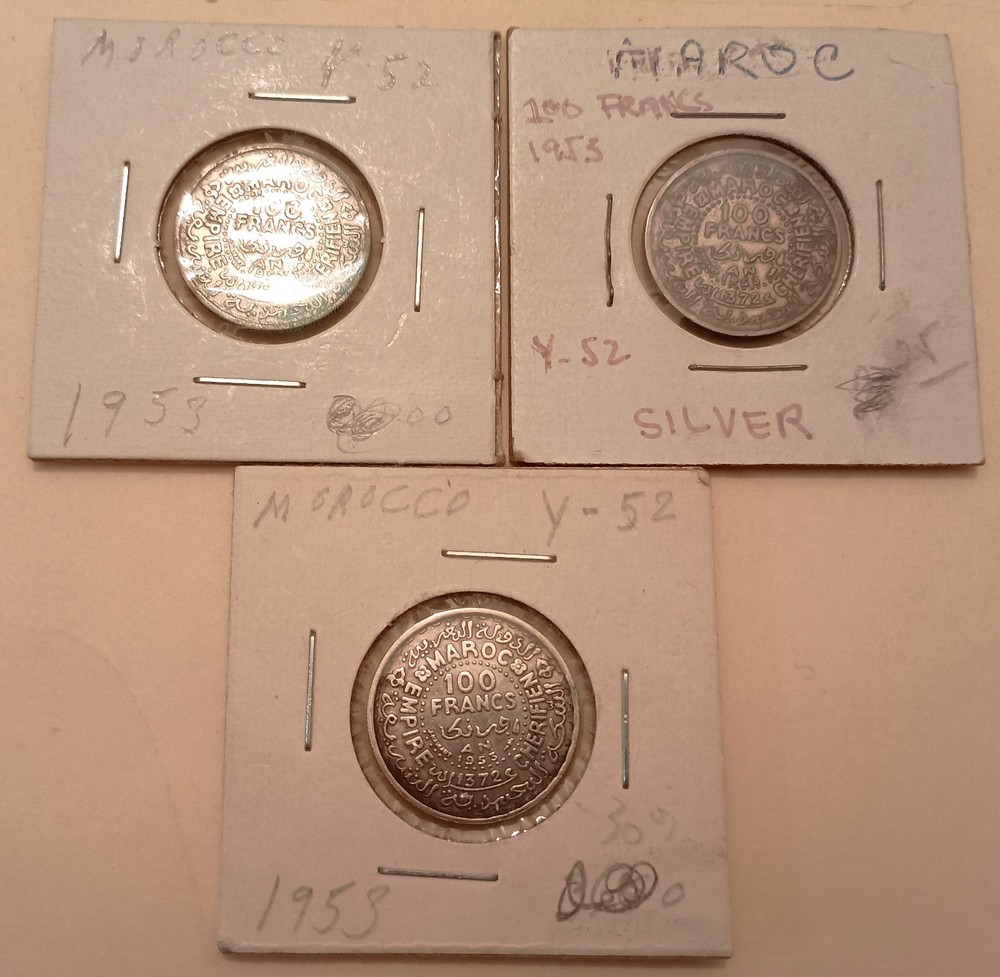 Three Morocco Silver 100 Francs 1953