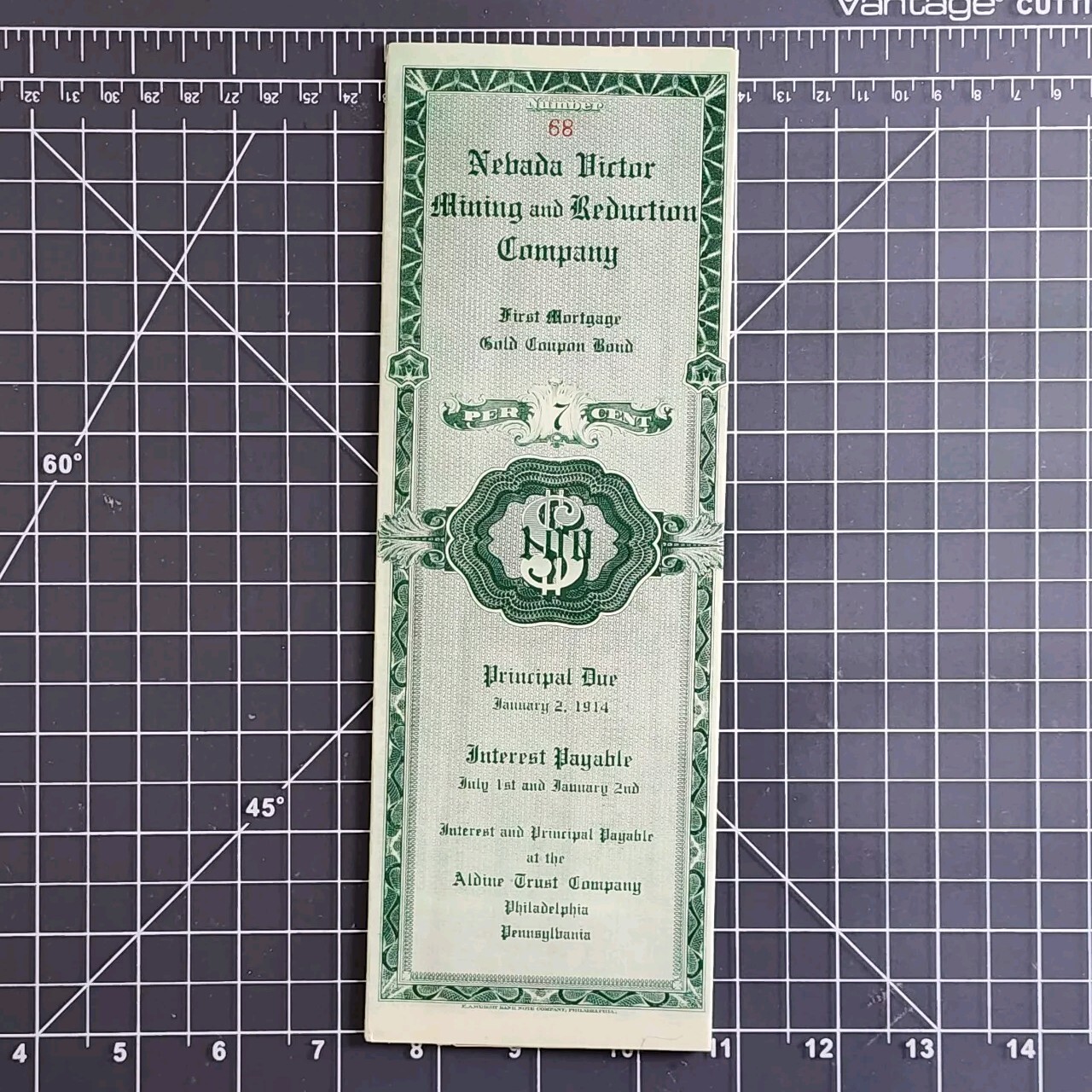 Nevada Victor Mining Reduction Co. Gold Coupon Bond 1908 First Mortgage #68