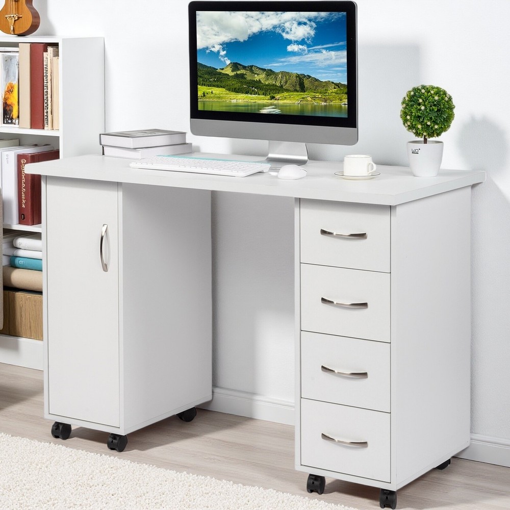 Rolling Computer Desk - White, 4-Drawer, Shelves Storage & MDF ​Nail Table​