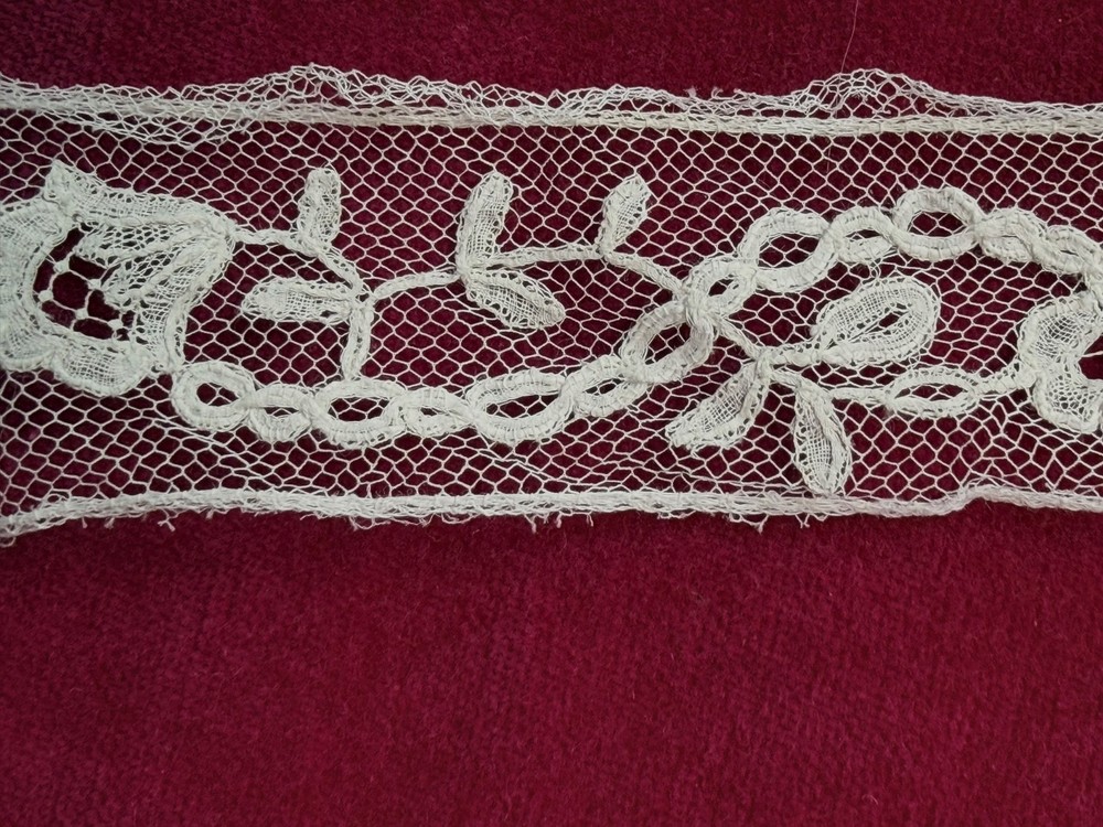 Insert handmade Brussels bobbin lace applique on net insert