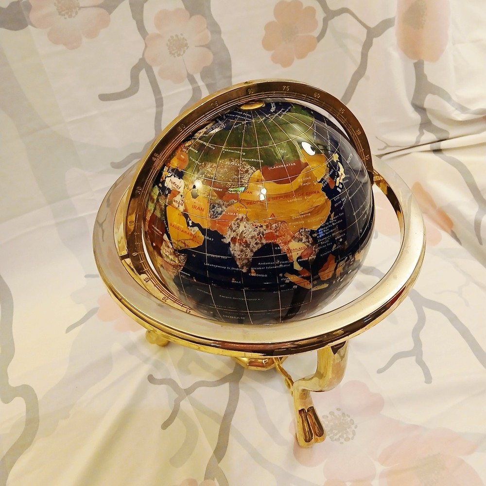 Blue Lapis Gemstone World Globe with Brass Stand and Compass