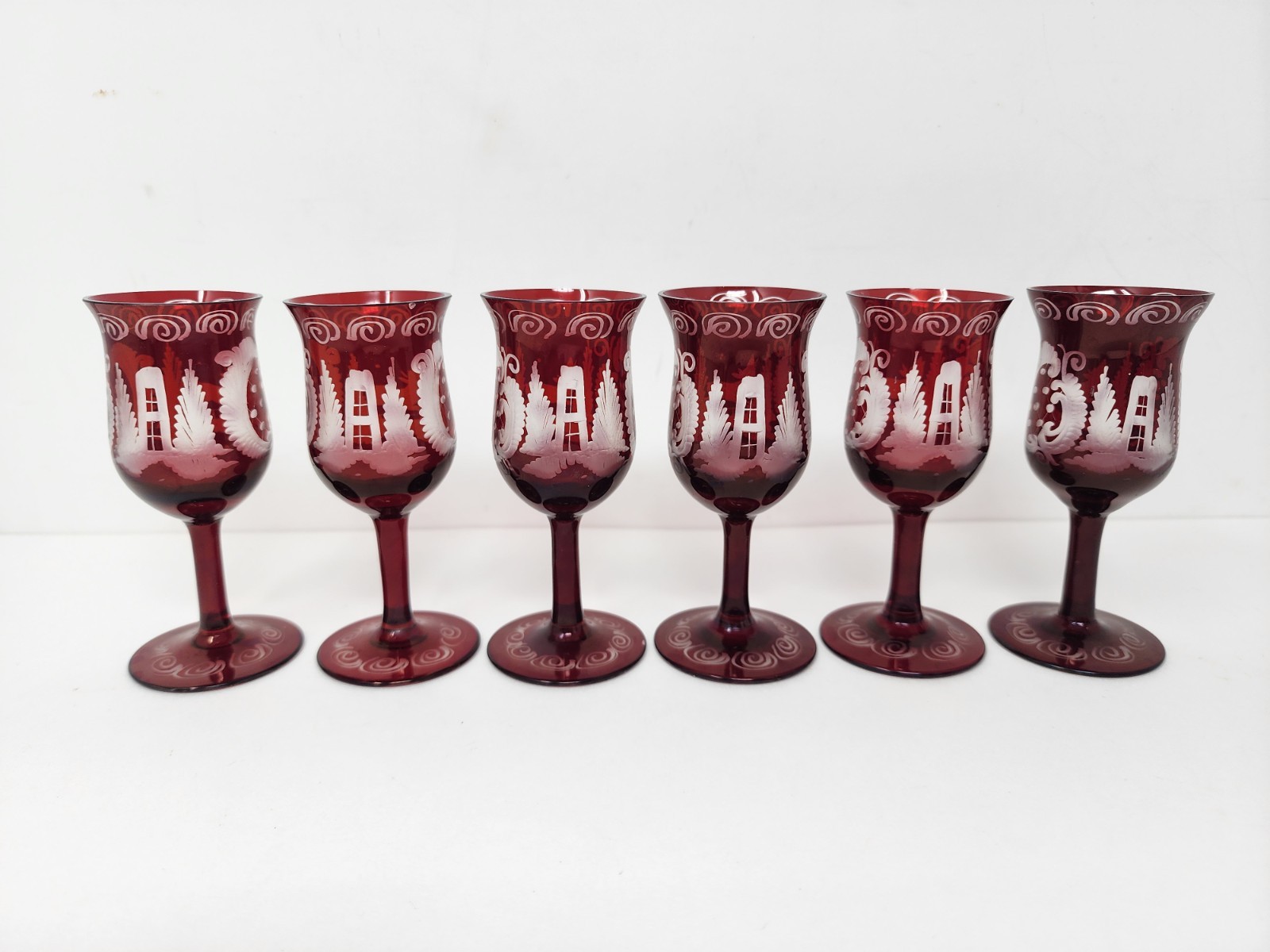 Set Of Egermann Bohemian Ruby Red Glass Decantor With Stopper & 6 Glasses