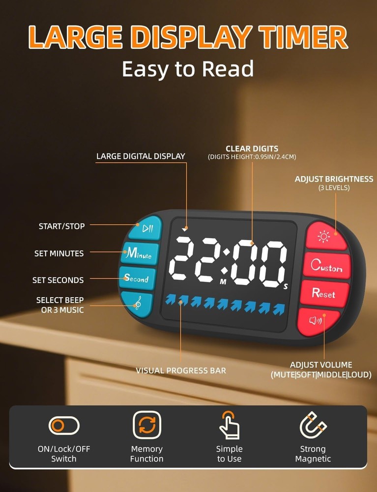 DOOMAY Digital Kitchen Countdown Timer: Magnetic Count up Timer, Large 3.6in