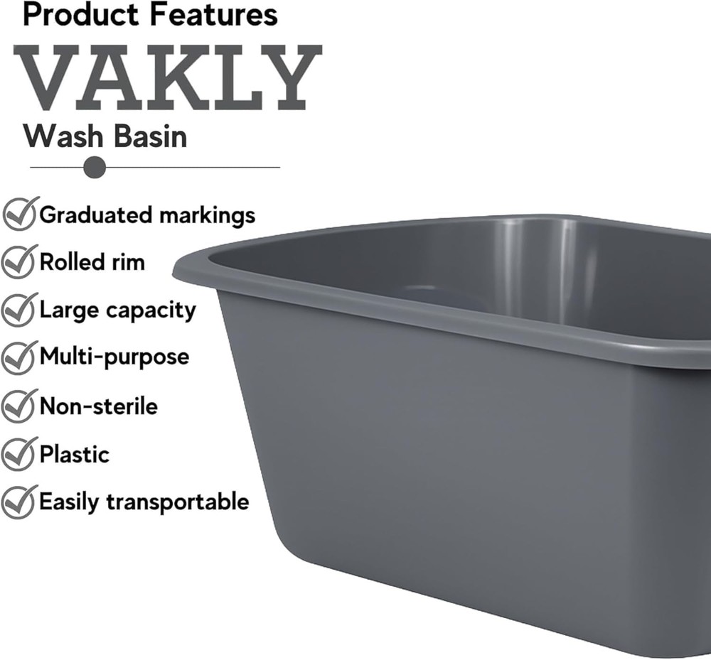 Vakly Wash Basins – Rectangular Plastic 7-Quart 1 Count (Pack of 1), Gray