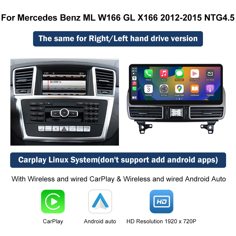 For Benz ML W166 GL X166 NTG4.x 12.3' Wireless CarPlay Multimedia TouchScreen