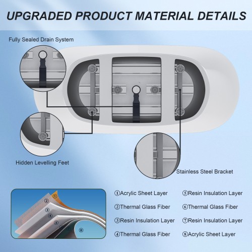 59 inch Acrylic Durable Deep Bathtub Glossy White Finish Freestanding Bathtub