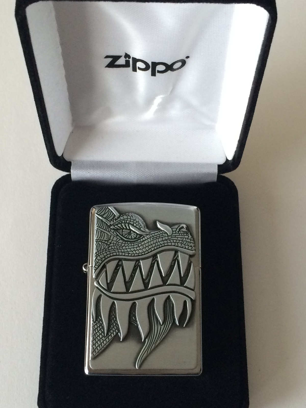 Zippo Windproof Fire Breathing Dragon Lighter, 28969, New In Velour Box