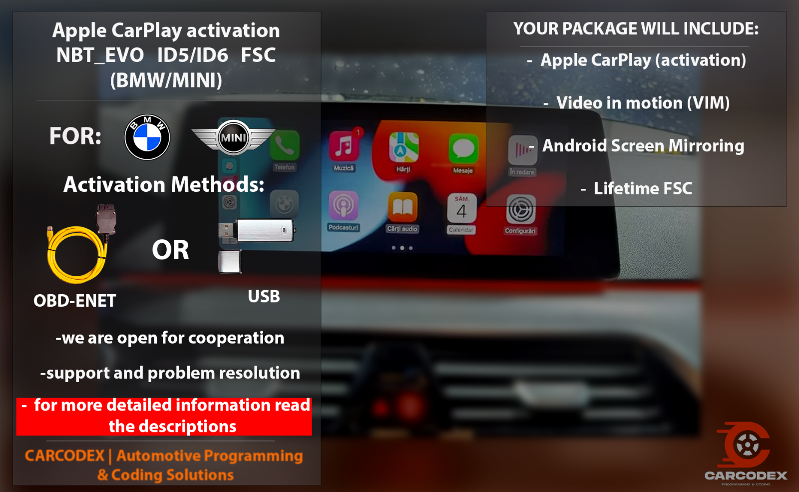 Apple CarPlay activation NBT EVO ID5/ID6 FSC (BMW/MINI) - Full Package