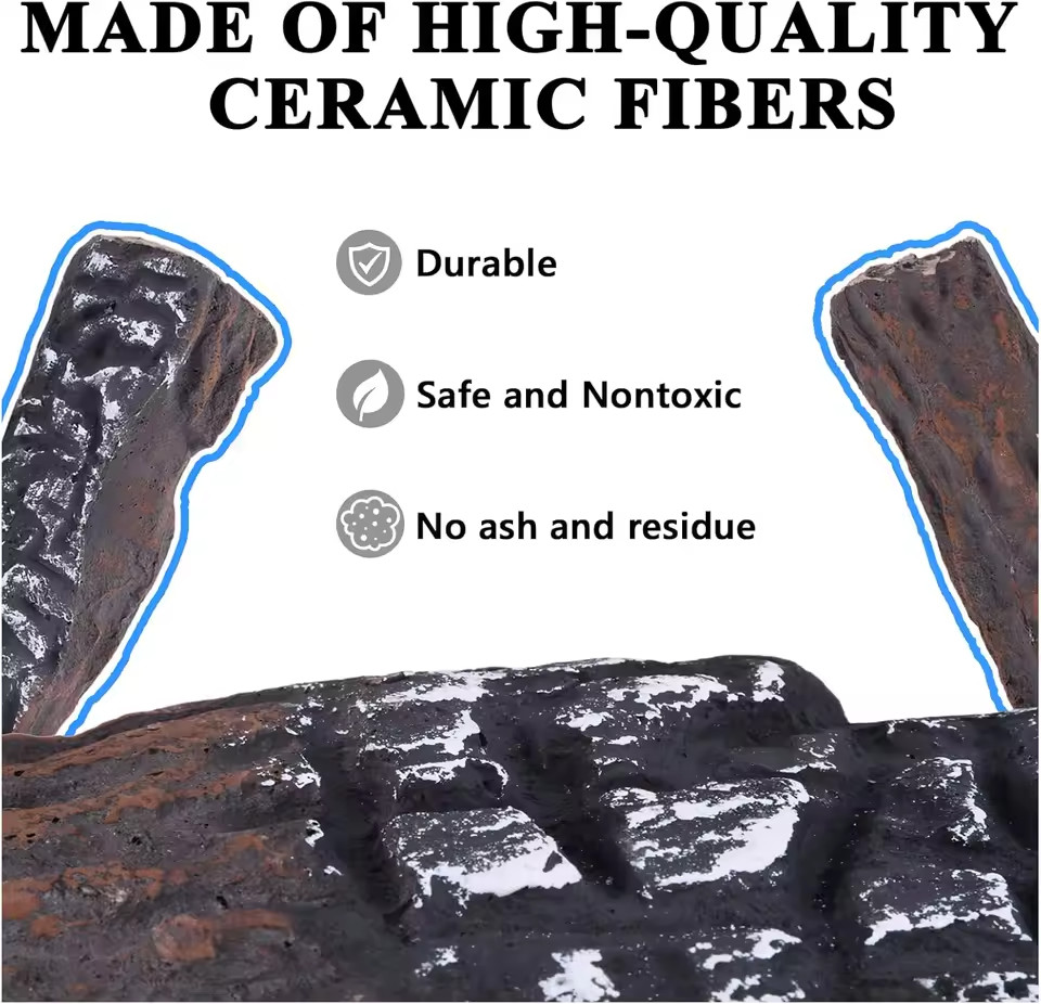 Ceramic Gas Logs for Fireplace Heat-Resistant, Realistic Stackable indoor 10pcs