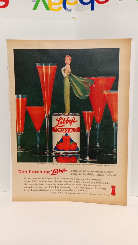 LIBBY'S TOMATO JUICE  1958 ORIGINAL PRINT AD.  11X8.5 .  b4