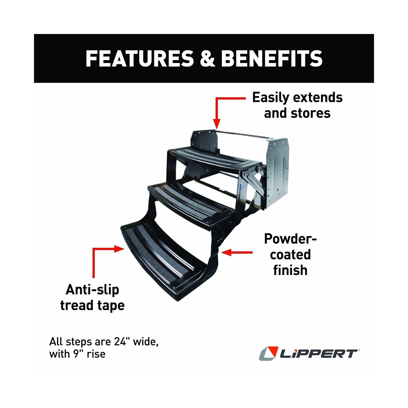 Lippert 24" Radius Triple Manual RV Steps, 9" Rise for 5th Wheel RVs, Travel ...