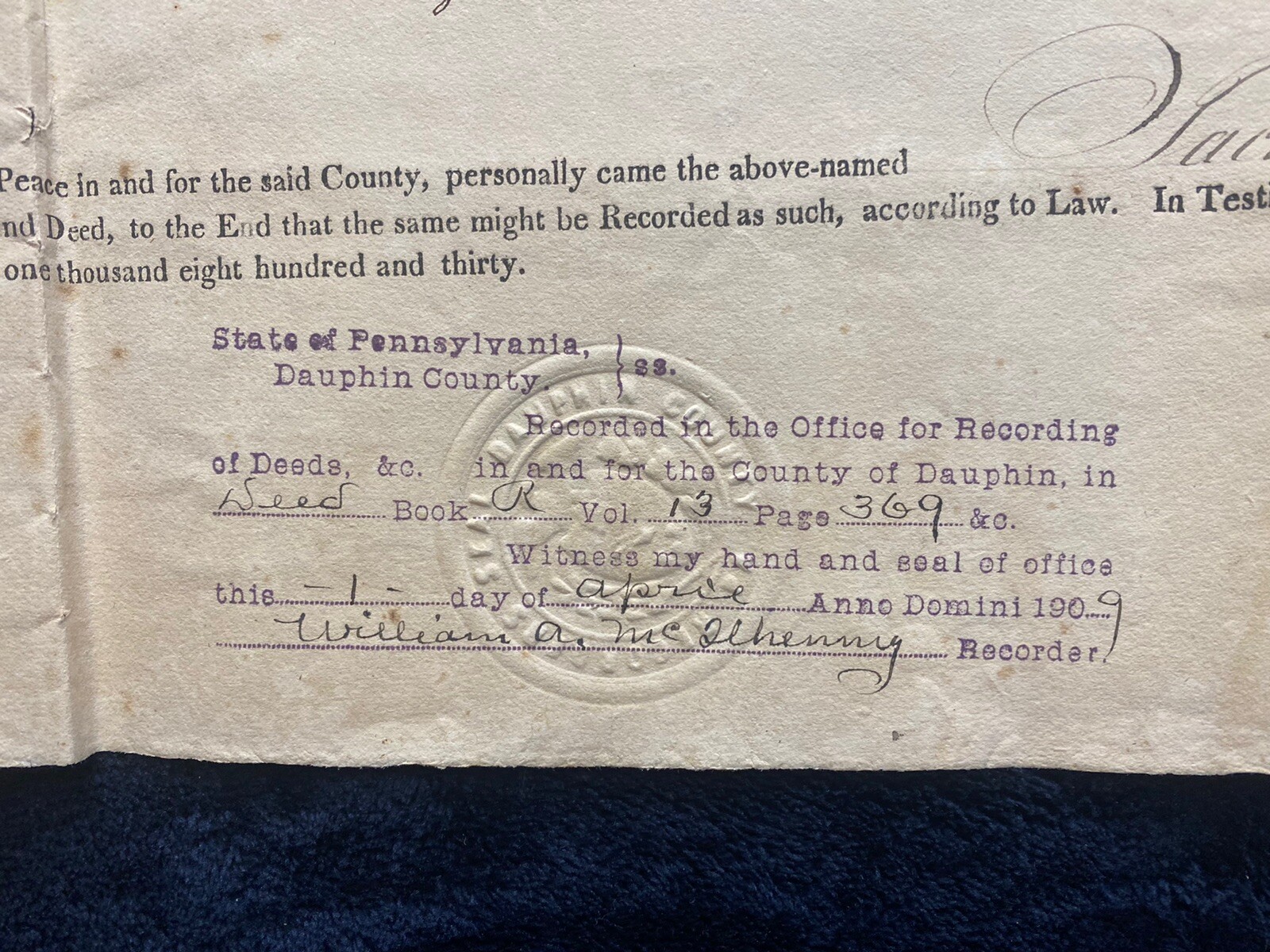 1830 Derry Township Dauphin County, PA Pennsylvania Indenture w/ ornate seal