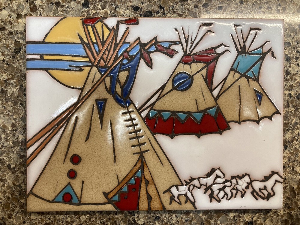 Mag Mor Studio Vintage Handpainted Native Ceramic Tile Coaster Wall Decor Teepee