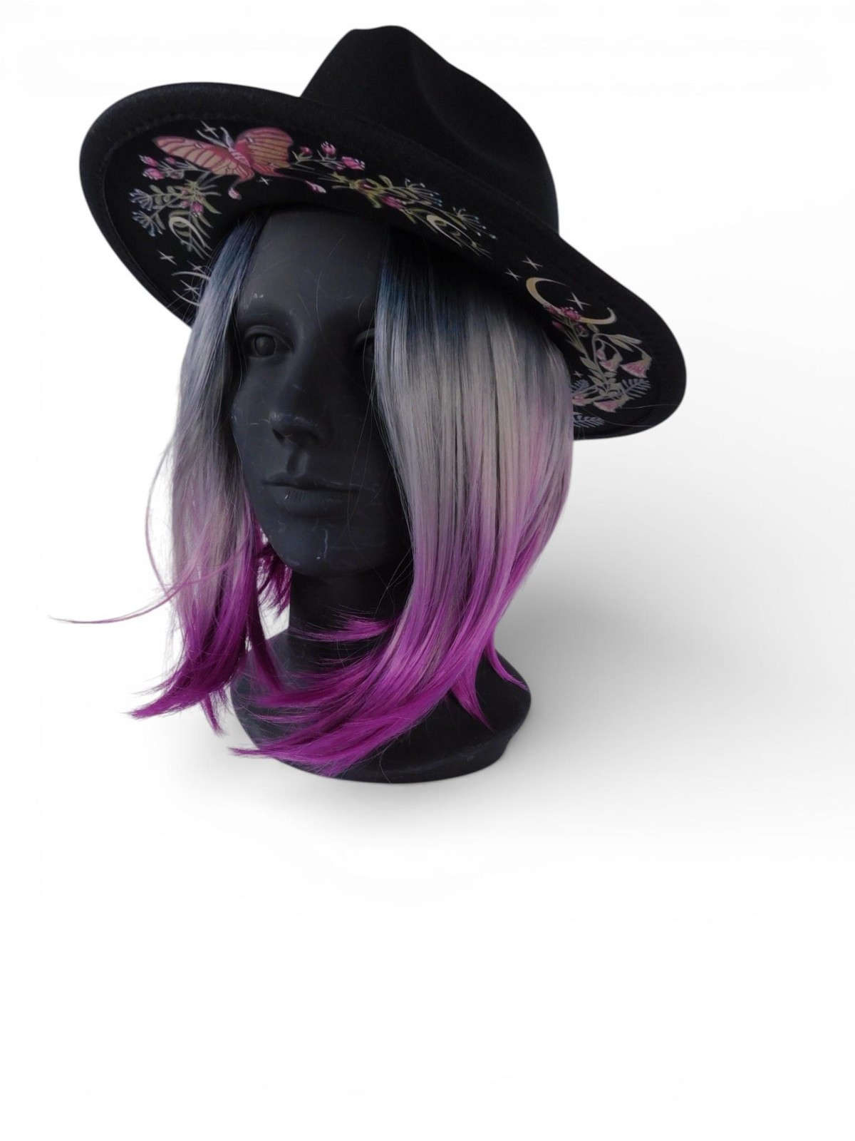 Wide Brim Fedora Hat Womens 7 1/8 Black Embroidered Butterfly Moon Floral Boho