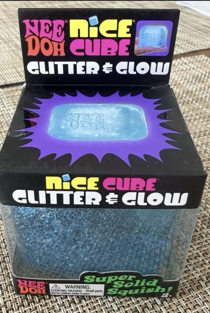 Nee Doh Nice Cube BLUE Glitter & Glow Super Solid Squish Squeezable RARE