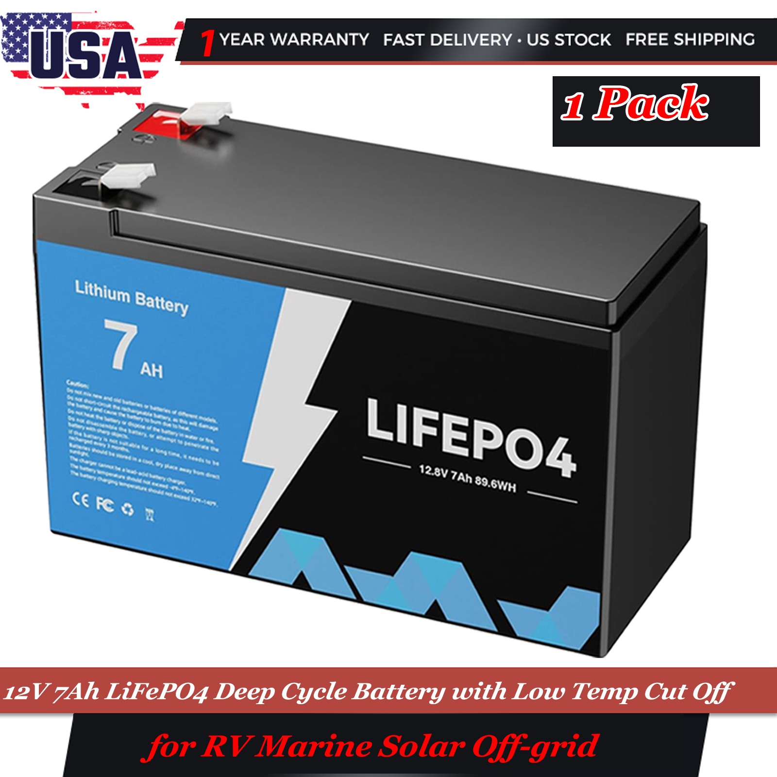 12V LiFePO4 Deep Cycle Battery 7Ah Rechargeable BMS For RV Marine Solar Off-grid