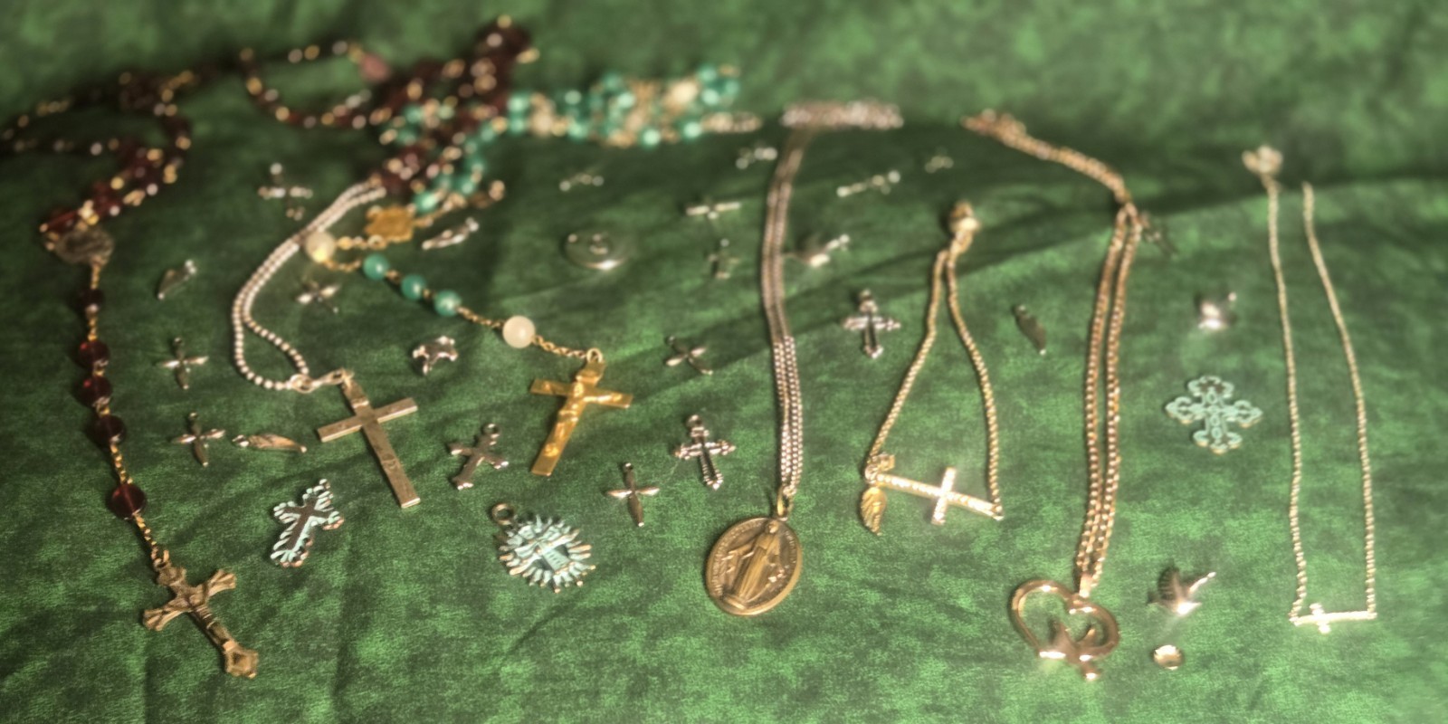 Huge Lot of Cross Necklaces, Pendants, Rosaries, Charms, 22k, sterling, hge.