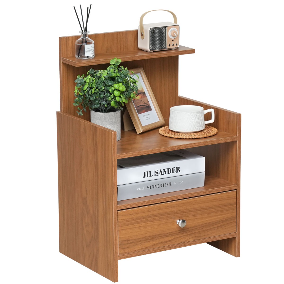 Wood Nightstand 1 Drawer & Open Shelf Bedside Table Retro Living Room Bedroom US