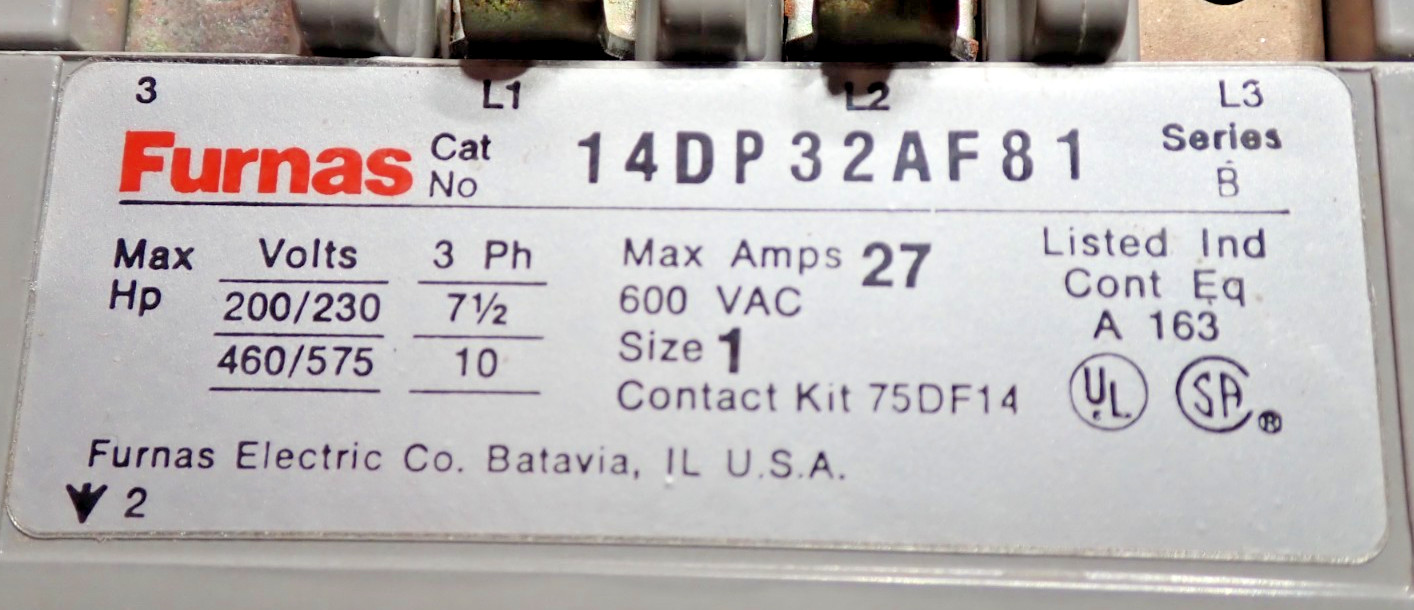 Furnas 14DP32AF81 Size 1 Starter 27 Amp 600VAC w/ 120V 60Hz Coil TESTED S931