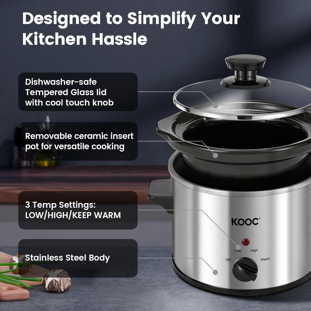 Compact Ceramic Slow Cooker, 2 Quart with Adjustable Temp & Free Liners Included