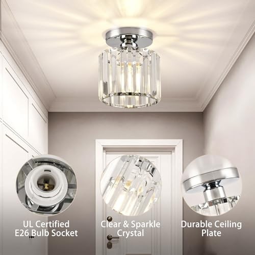 Semi Flush Mount Ceiling Light, Crystal Ceiling Light Silver Silver Round