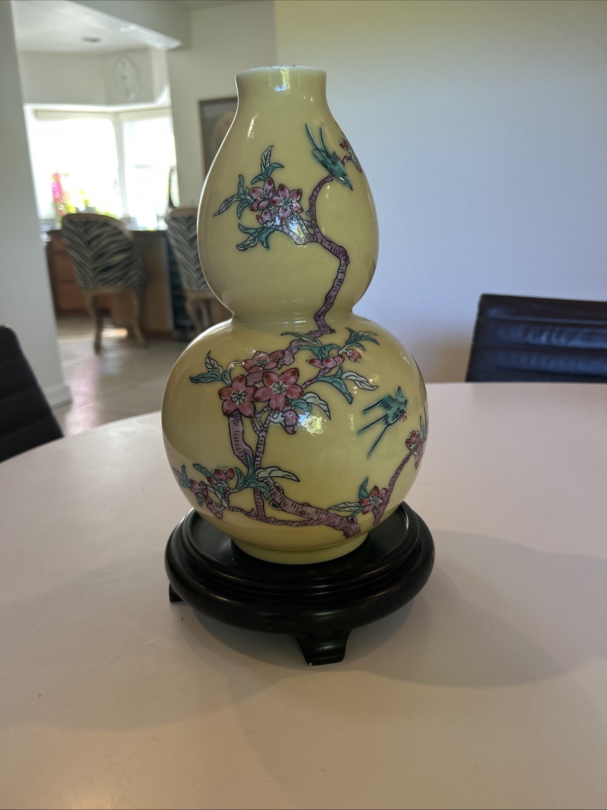 Vtg Chinese Famille Floral Birds Gourd Shaped Porcelain Vase