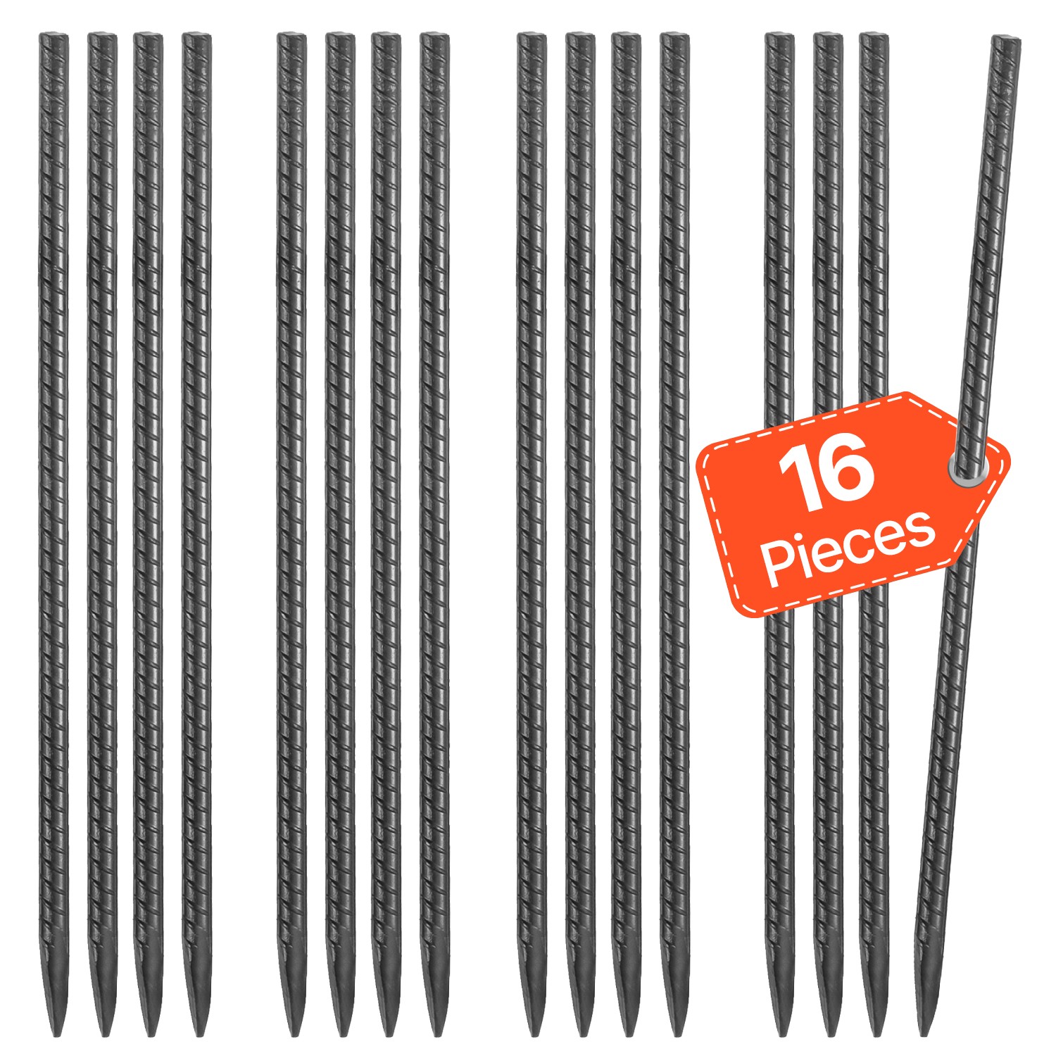 16-Inch 16 Pack Rebar Stakes Heavy Duty Straight Galvanized Steel Ground Anchors